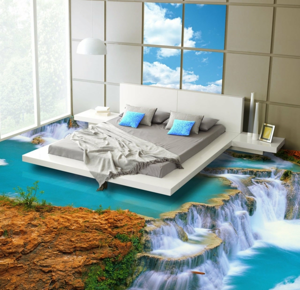 Kunstvoller 3D-Fußboden im Schlafzimmer (Motiv: Wasserfall)